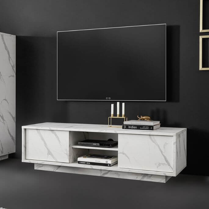 Meuble TV moderne 139 cm blanc marbré Carrat